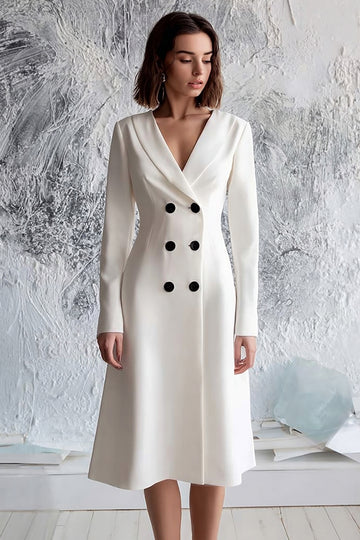 A-Line Ivory Shawl Lapel Double Breasted Long Sleeve Work Dress